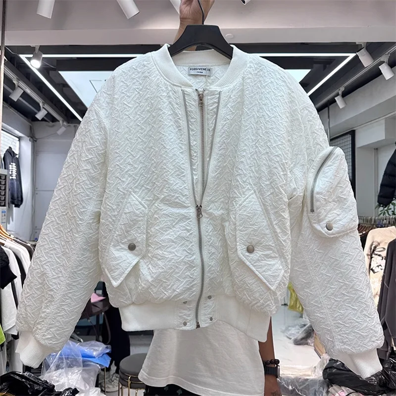 

Retro Pleated Design Thickened Jacket Men Women High Quality Double Zipper Flying Coats