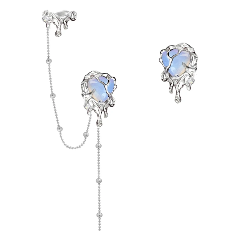 MASW Original Design Blue Heart Earrings 2022 Trend New Copper Metal Earcuff Silver Plated Chain Dangle Earring Women Jewelry