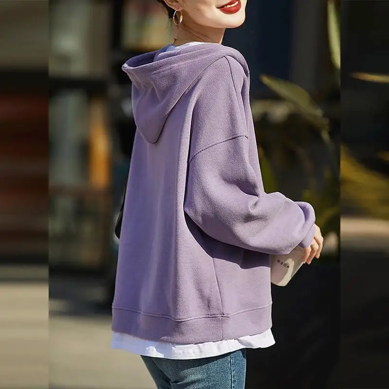 Spring Autumn New Solid Color Fashion Long Sleeve Hooded Sweatshirts Women High Street Fake Two Pieces All-match Pullovers