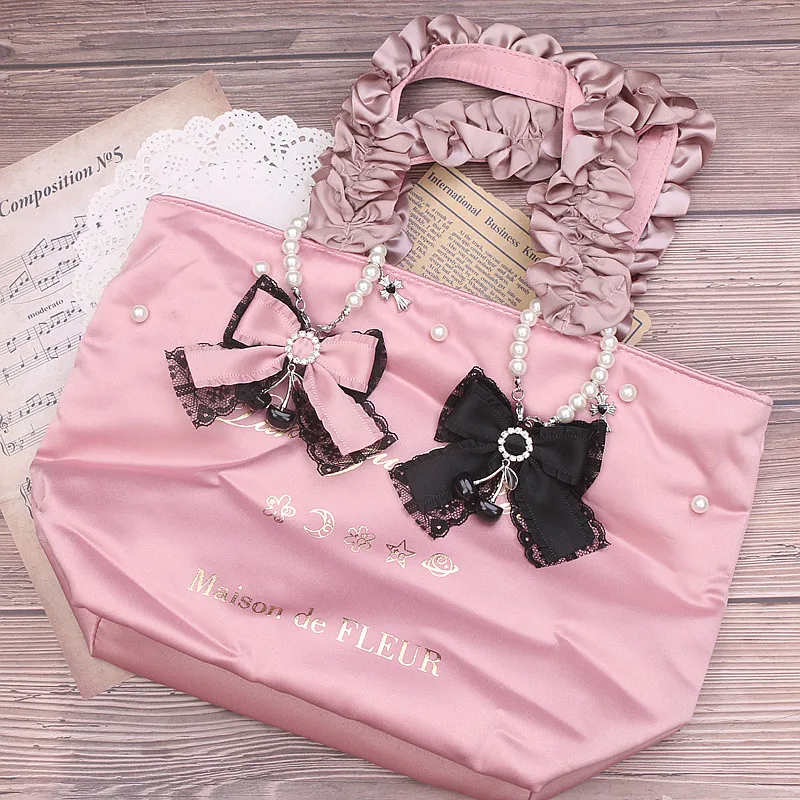 Sweet Cute Japanese Lace Diamonds Bow Women's Accessories Fashion Beautiful Cherry Decoration Stringed Pearls Handbag Pendant