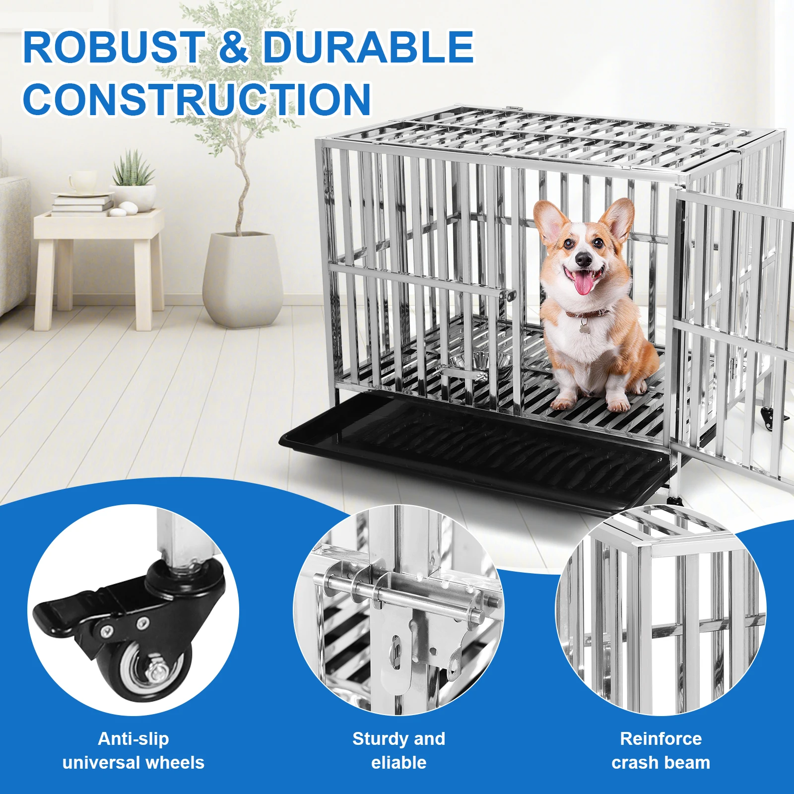 Metal Dog Cage with Four Wheels Dog Crate with Locks Dog Kennel Folding for High Anxiety Medium/Small Dogs