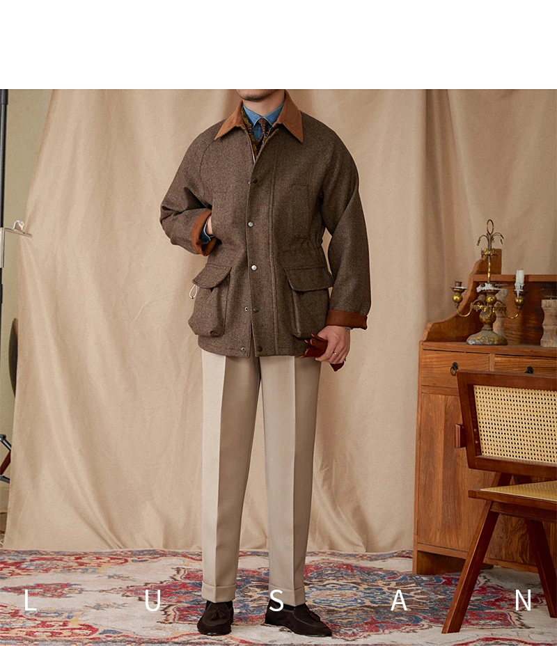 Italienische Herbst- und Winterjacke aus 50% Wolle, Jagdjacke, Alltagstaugliche Vielseitige Jacke mit Kontrastkragen, Warme Retro-Jacke für Herren – Detail 33