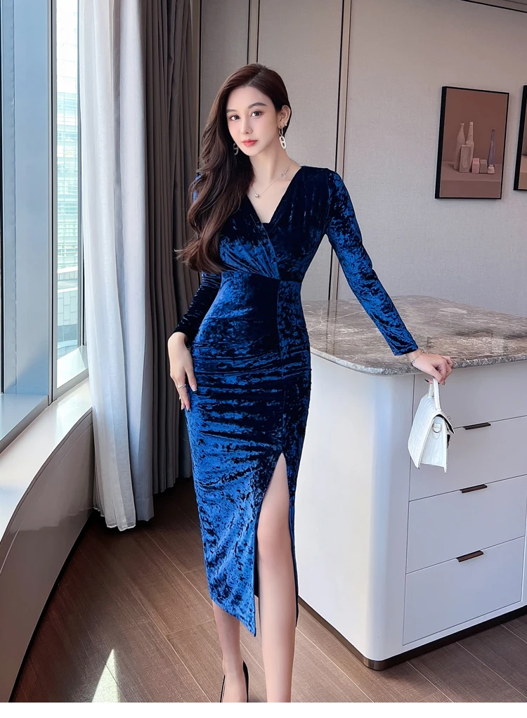 Velvet Women's Clothing With Free Shipping Buttons Wrapped Long Sleeps V-neck Woman Clothes Tight Midi Dress Autumn 2022 Dresses homecoming dresses 2021