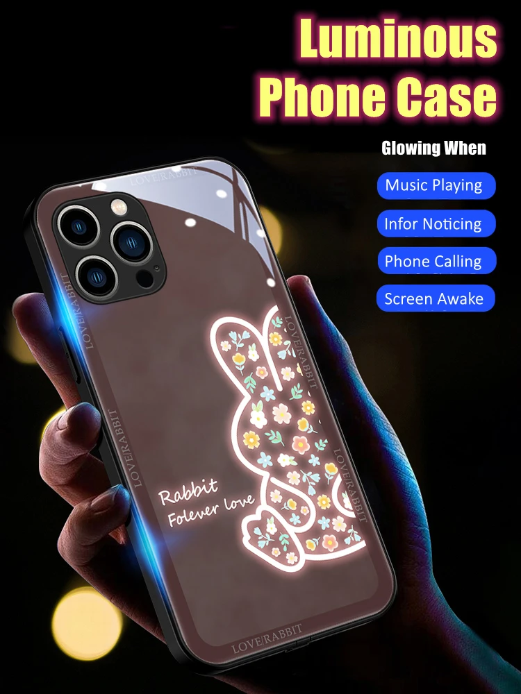 

Floral Rabbit LED Light Glowing Luminous Phone Case Friend Birthday Gift for iPhone 11 12 13 14 15 X Xs Xr Mini Pro Max Plus
