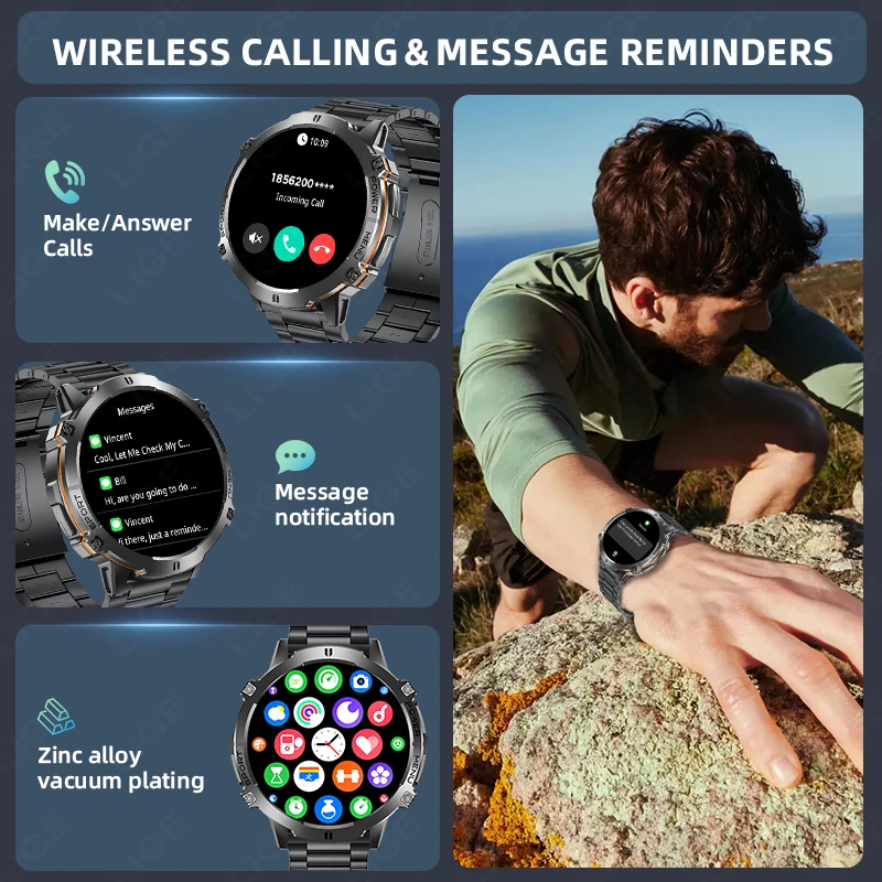 LIGE AMOLED Smart Watch 900mAh Large Capacity Battery Compass Barometric Altimeter Military Sport Smartwatch Men For Android iOS