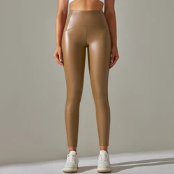 Autumn Winter High-Waist Velvet Leather Leggings - Sexy & Slimming - M (Light Brown)
