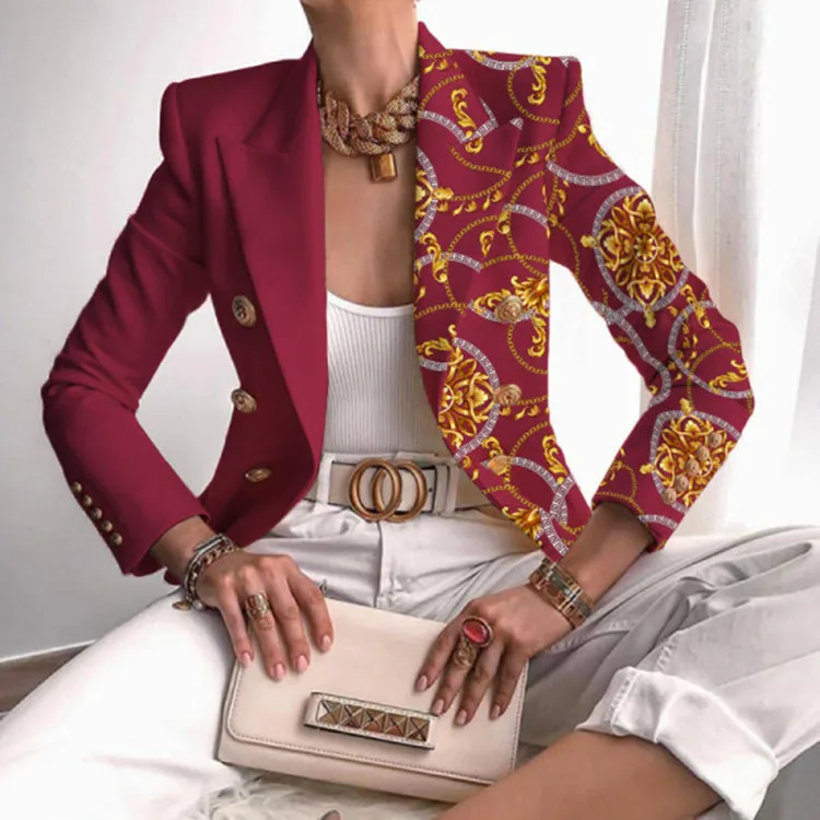 2023 New Women's Coat Autumn and Winter Printed Small Suit Fit Fashion Short Double-breasted Top Women