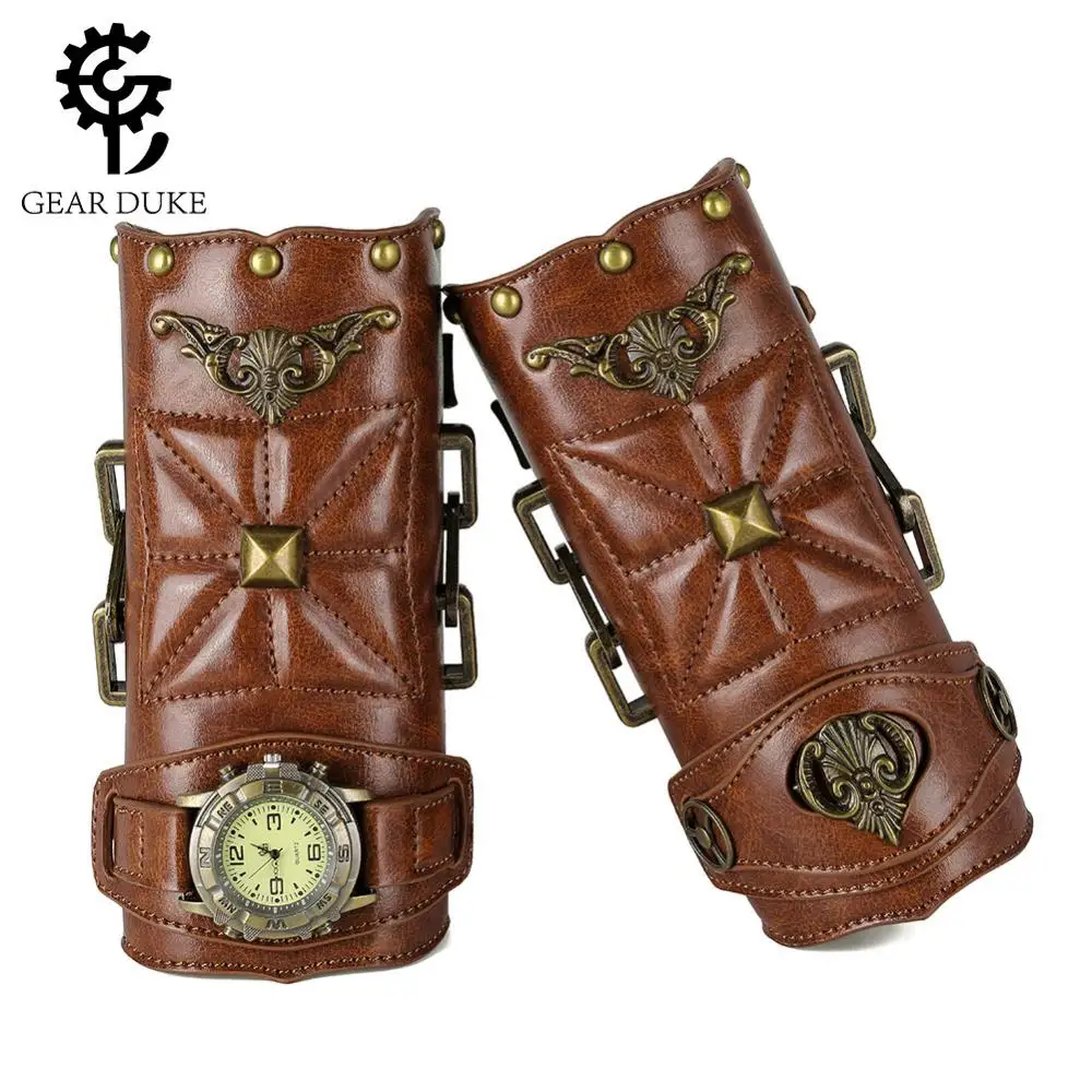 

Watch Decorative Motorcycle Glove Medieval Retro Steampunk Handwear Rivets Strapes Buckle Faux Leather Arm Ring Halloween Cos