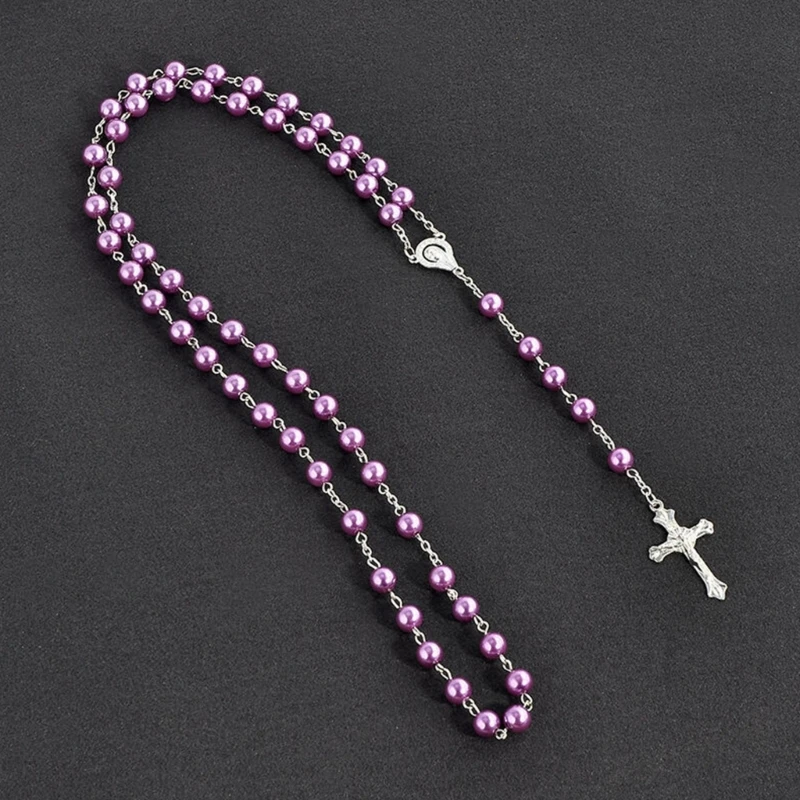 Imitation Pearl Rose Rosary Necklace Pendant Women Catholic Religious Gift