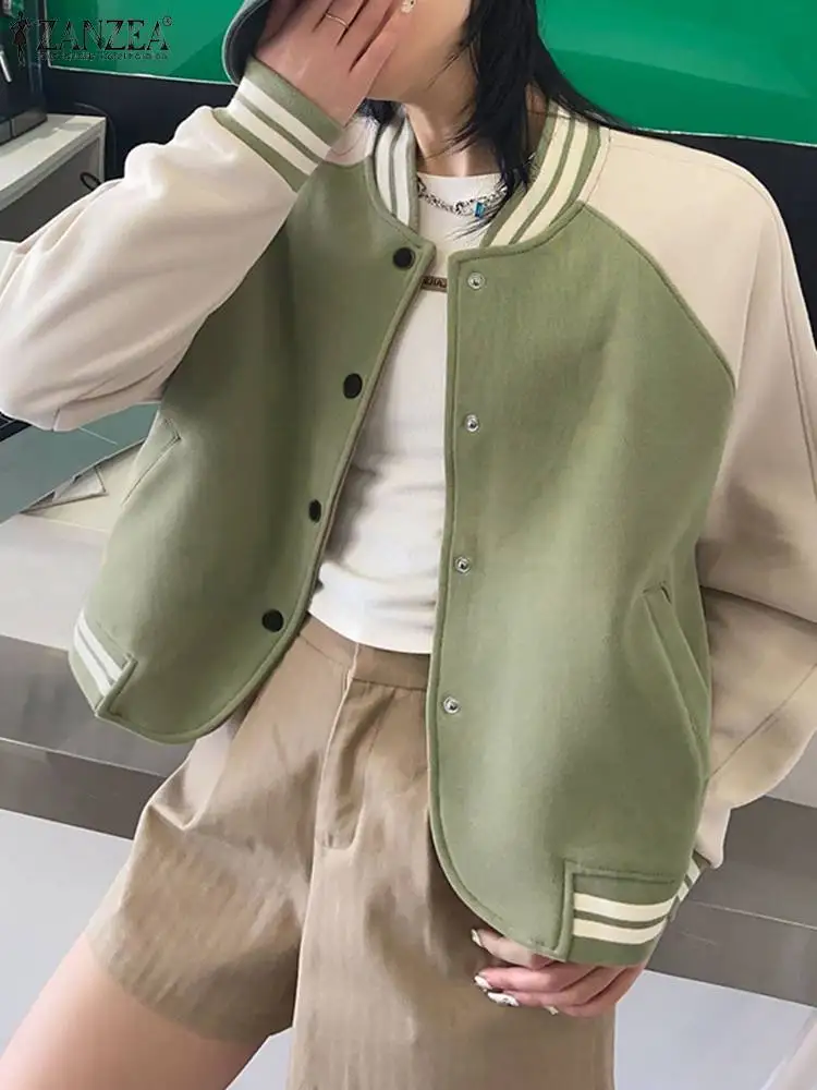 

ZANZEA Women Autumn Street Coats Colorblock Bomber Jacket Chic Hip Hop Baseball Coat 2024 New Casual Loose College Style Outwear