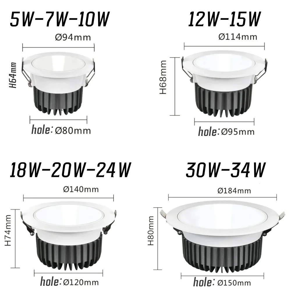 원형 LED 다운라이트 IP65 방수 눈부심 방지 SIM 5W 7W 15W 24W 34W 알루미늄 AC85-265V 욕실, 주방, 발코니에 적합
