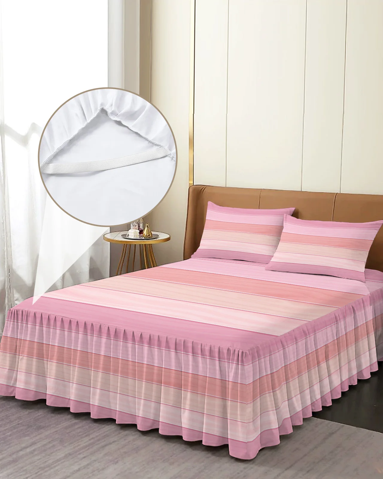 

Wood Grain Candy Pink Bed Skirt Elastic Fitted Bedspread With Pillowcases Bed Protector Mattress Cover Bedding Set Bed Sheet