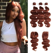 

Brown Auburn Body Wave Bundles With Closure 4x4 Brazilian 3 bundles With Closure Non-Remy Hair Extension GOODHAIR