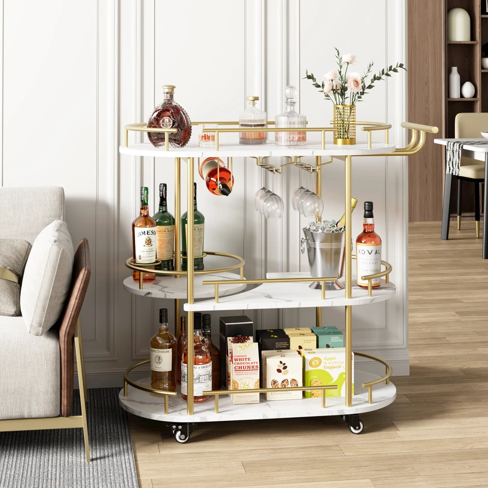 Gold 3 Tier Bar Cart with Wine Rack