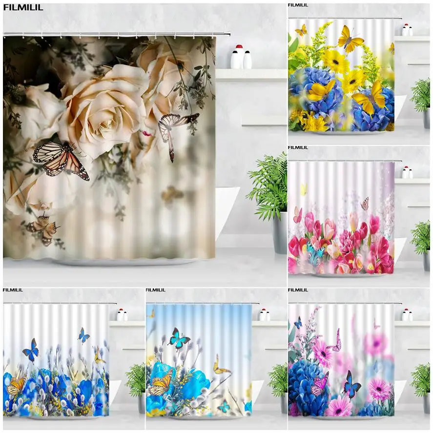 

Butterfly Flowers Shower Curtains Pink Rose Tulip Dandelion Rustic Floral Plants Scenery Fabric Bathroom Decor Bath Curtain Sets