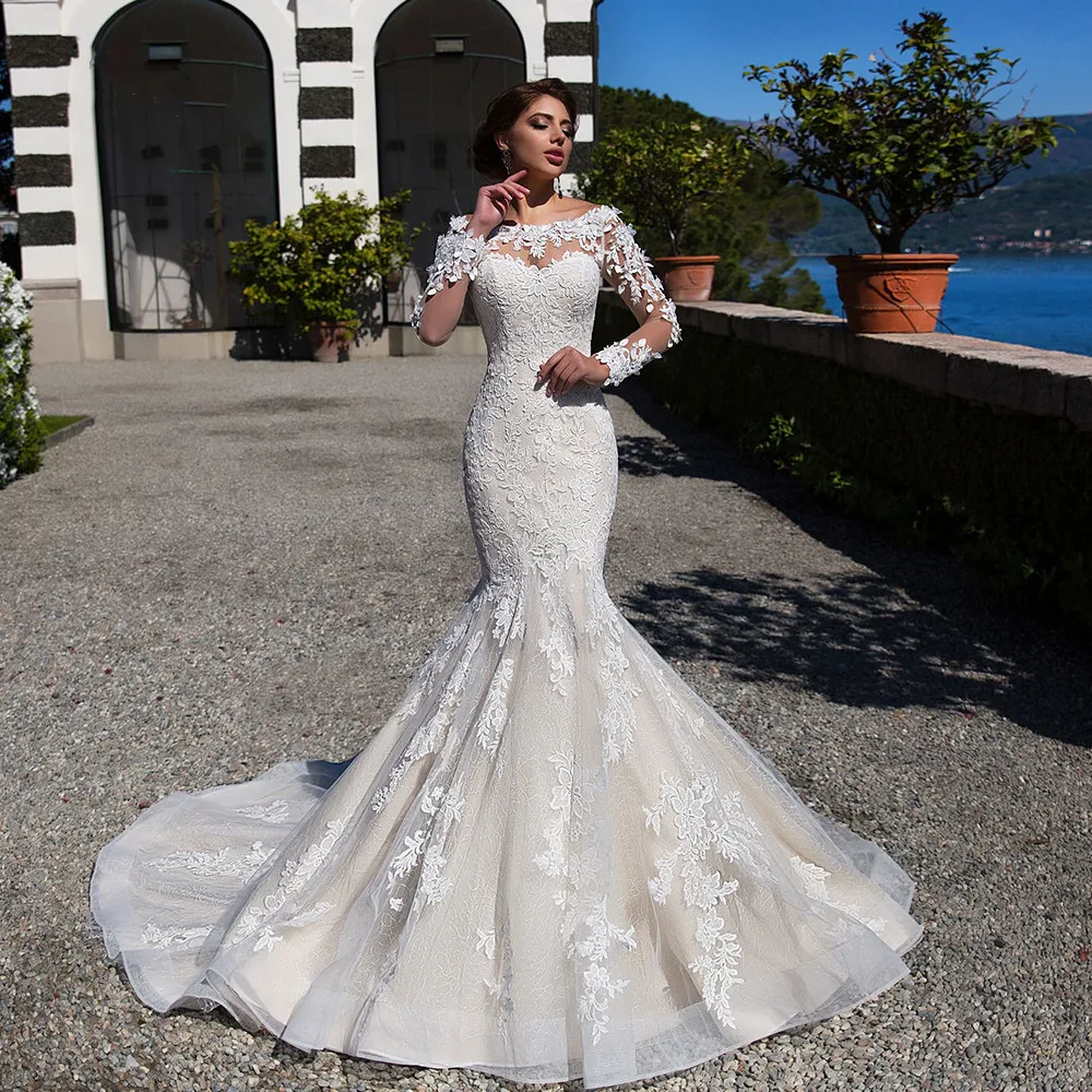 

New Arrival Mermaid Wedding dresses 2022 Vestido De Noiva Sereia Long Sleeve Appliques Lace Flowers Trumpet Wedding Gowns