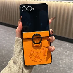Cute Cartoon Cat Phone Cover with Ring Holder - Retro Leather Back Case - Samsung Z Flip 8 (Orange)
