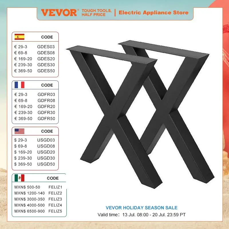 

VEVOR 2ШТ металлические ножки стола сталь 2204 фунтов / 1000 кг нагрузка X-образная форма с предварительно просверленными отверстиями для домашнего использования Коммерческий бар отель офис