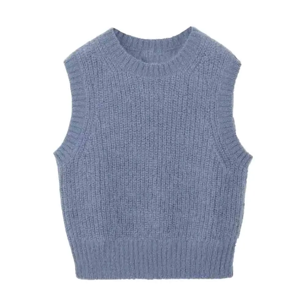 

Women 2023 winter new fashion casual blue knitted vest chic round neck versatile female vest top women Mujer
