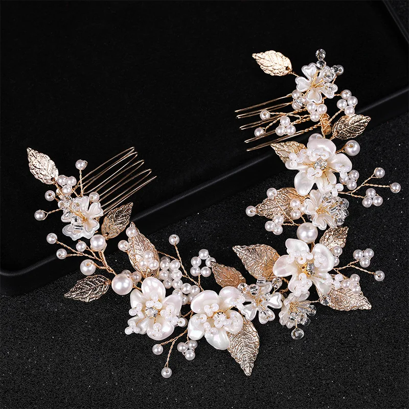 Handmade Ceramic Pearl Flower Leaf Decoration Bridal Wedding Hair Accessories Double Hair Combs