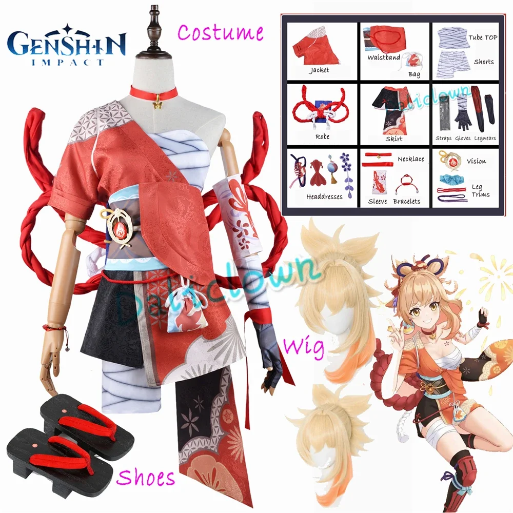 

Женский костюм для косплея Game Genshin Impact Yoimiya, женский костюм для ролевых игр, искусственный костюм для косплея из аниме, обувь, парик