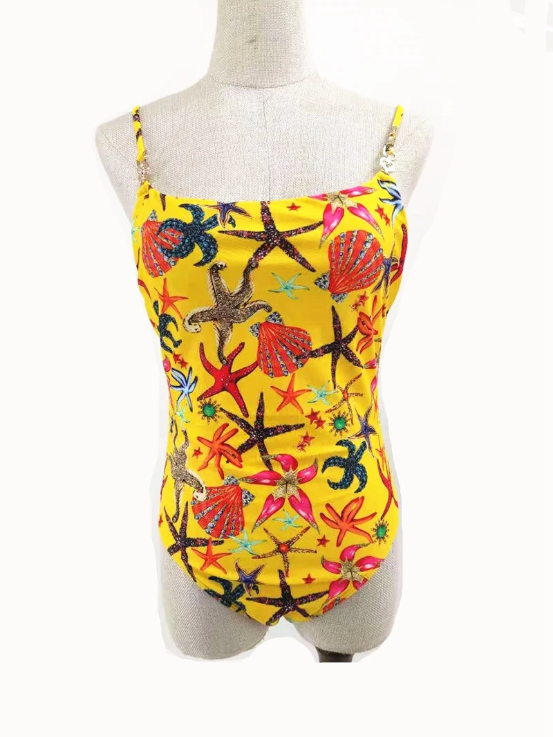 

New women's yellow starfish pattern slim sexy backless triangle one-piece swimsuit beach holiday surf bikini