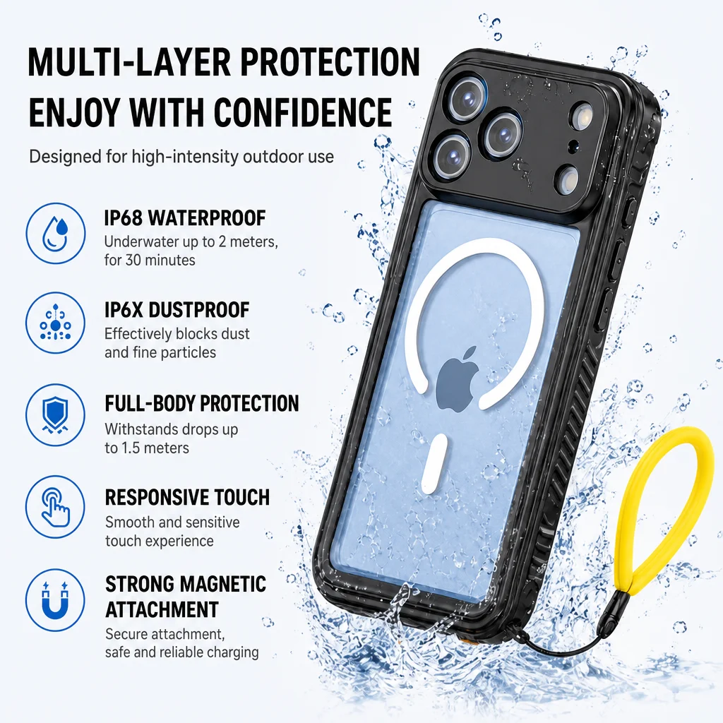 Ultimate IP68 Waterproof Phone Case with Floating Ring and Touchable Design