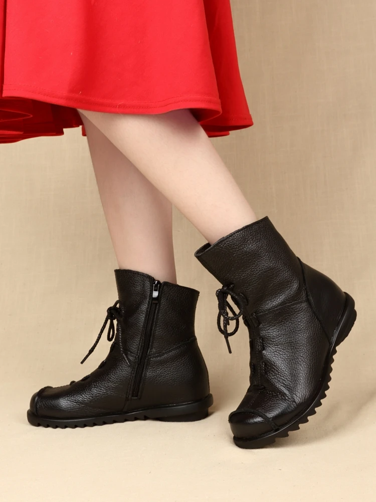 Autumn Winter Women's Boots Genuine Leather Waterproof Outdoor Leisure Snow Boots Women Non-slip Warm Flat Ankle Boots Plus Size