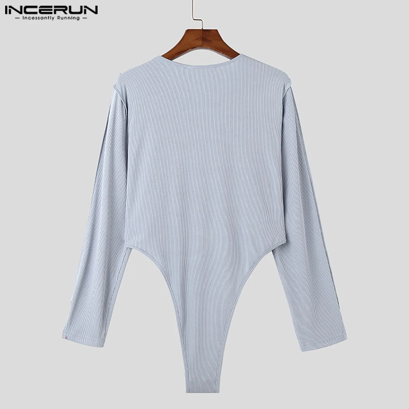 Fashion Casual Style Mens Homewear INCERUN Strap Design Bodysuits Male Solid Long Sleeve High Fork Triangle Jumpsuits S-5XL 2023