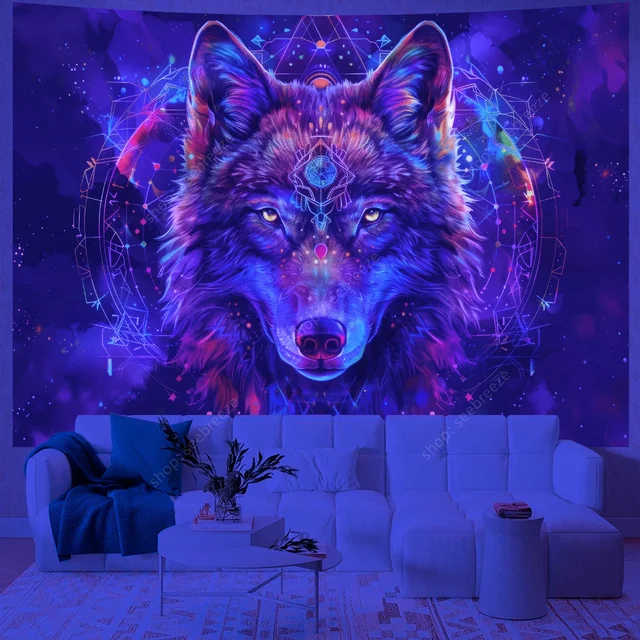 Tapisserie animale loup psychédélique, tapisserie réactive UV, tenture murale, décor de chambre Hippie, couverture de canapé, serviette de plage, cadeau pour ami 4