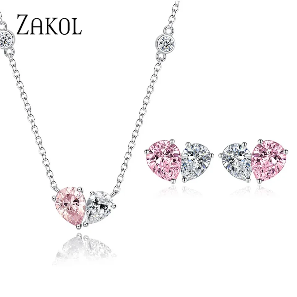ZAKOL Romantische Rosa Zirkonia Herz Schmuck Sets für Frauen Mode Wasser Tropfen Ohrringe Halskette Set Liebe Hochzeit Zubehör