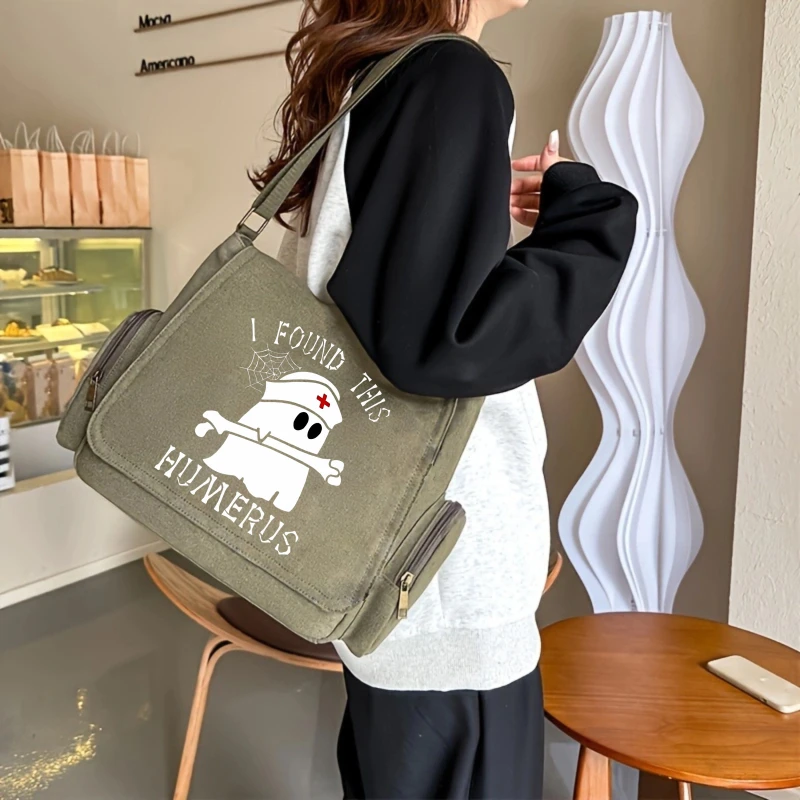 Hallowmas Theme Large Capacity Women's Crossbody Bag Ghost Print Canvas Shoulder Bag For Women Flap Messenger Bag