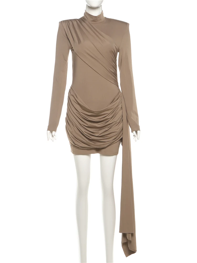 Nibber Sexy Backless Dress Women Folds Long Tassel Turtleneck Full Sleeve Solid Simple Sexy Banquet High Elasticity Mini Bodycon