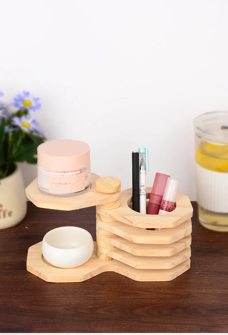 Description Picture 5 of itemWooden Pen Holder, Creative Desktop Pencil Holder Makeup Brush Organizer 360° Rotating Cosmetic Storage Rack Stationery Box