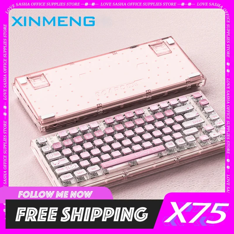 

Механическая клавиатура Xinmeng X75, беспроводная трехрежимная клавиатура, Rgb прозрачная клавиатура с прокладкой под заказ для офисного компьютера, подарки