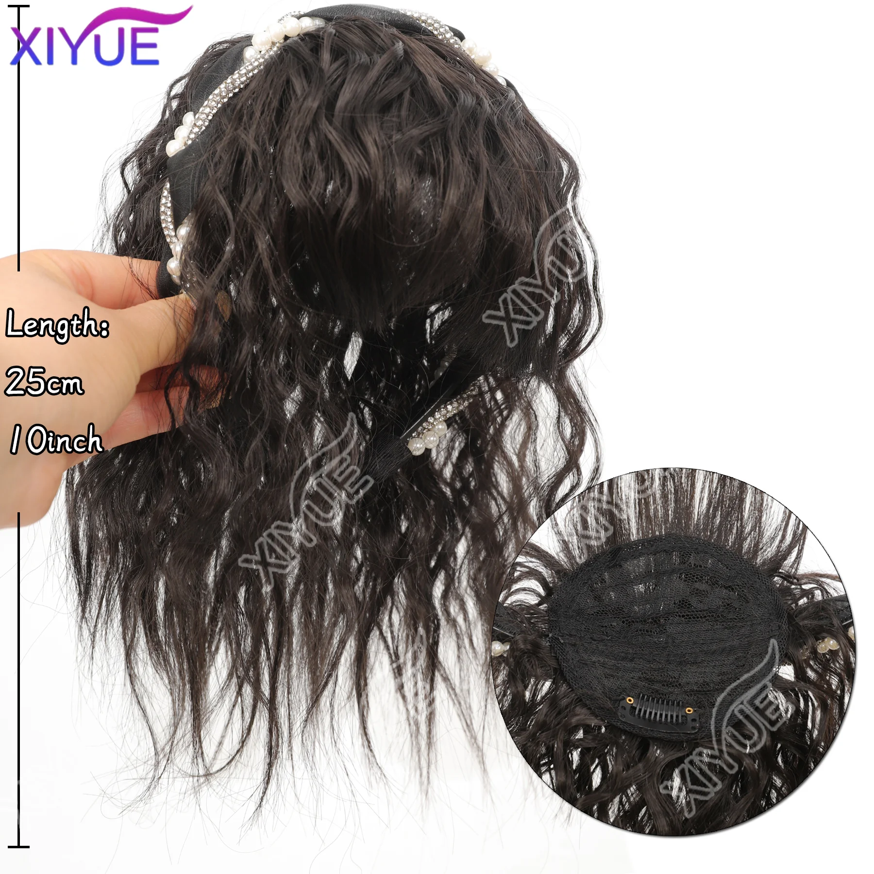 XIYUE Hairband wig bangs wig female one natural curly hair covered white hair on the top of the head thin bangs wig piece