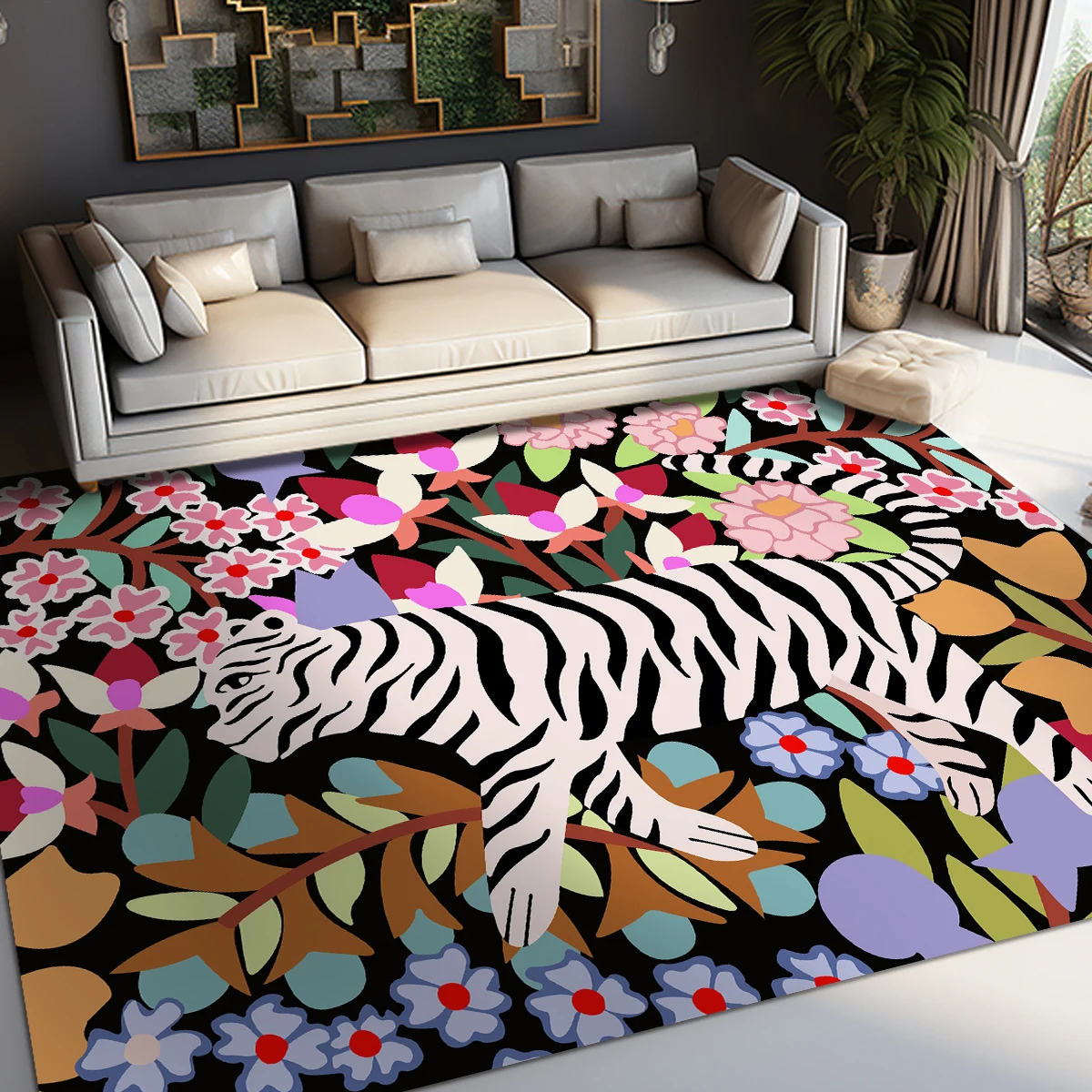 Tiger Floral Design Carpet Living Room Large Size Decor Rug Machine Washable Foldable Rugs Modern Style Soft Cloakroom Floor Mat