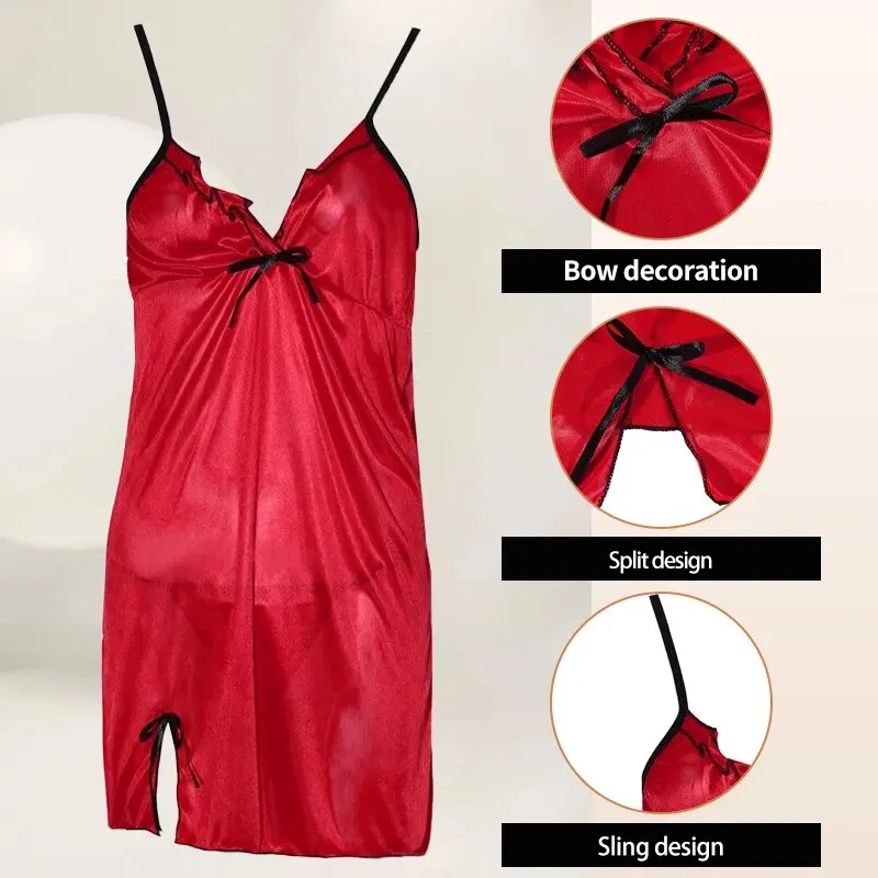 Women Nightgowns Summer Women Suspender Lace Sexy V-Neck Lace Hem Slightly Slit Dress Pajamas