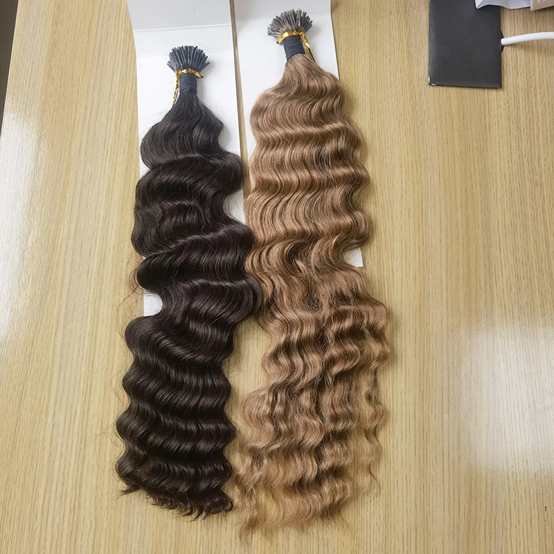 Deep Wave Keratin Hair Fusion i tip Human Hair Extensions Capsule i Nail Tip Remy Pre Bonded Dark Brown Wavy 12-26 Inches