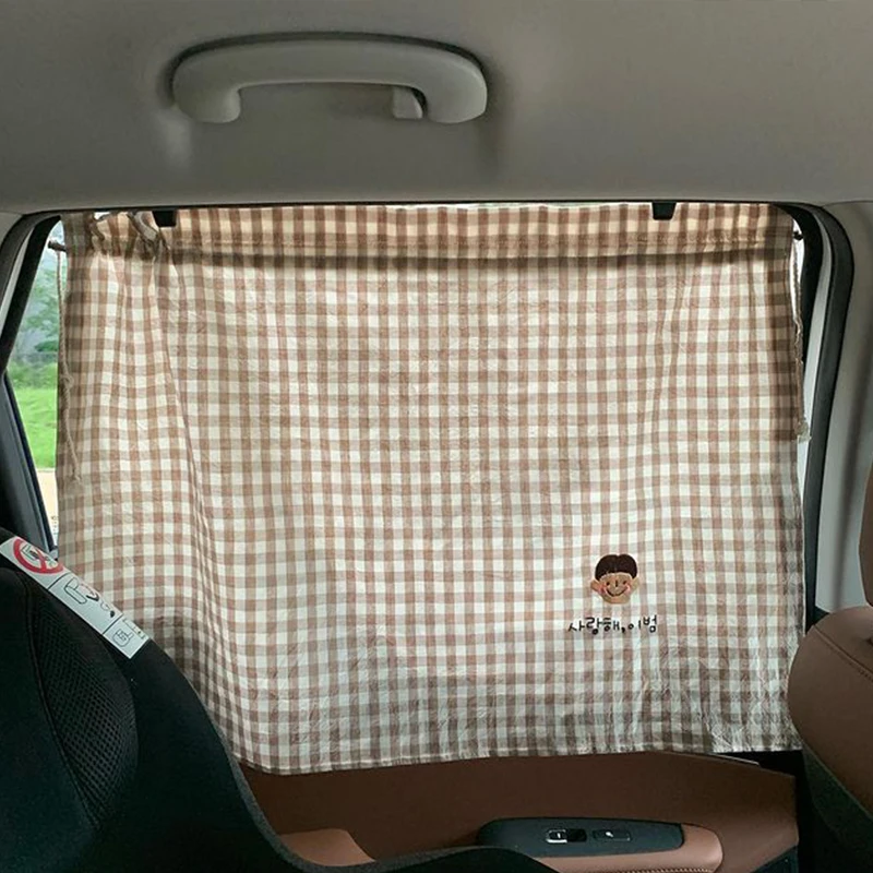 INS Kawaii Baby Car Curtain Embroidered Plaid Bear Children Sun Protection Sunshade Window Curtain UV Protection For Kid