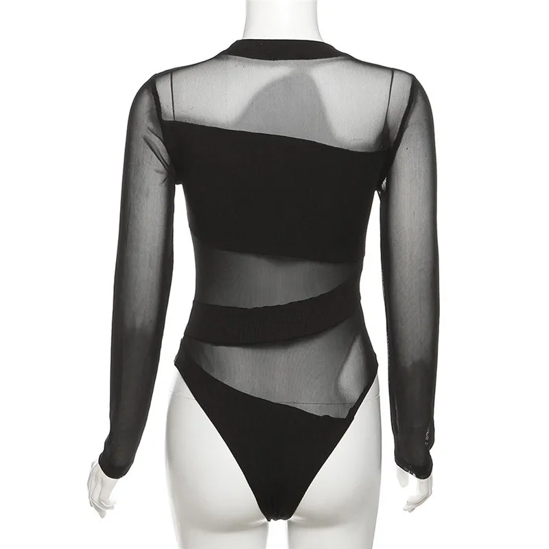 BKLD 2024 Autumn Fashion Women Trending Clothing New Sexy Perspective Mesh Patchwork Slim Fit Long Sleeve Tops Black Bodysuits