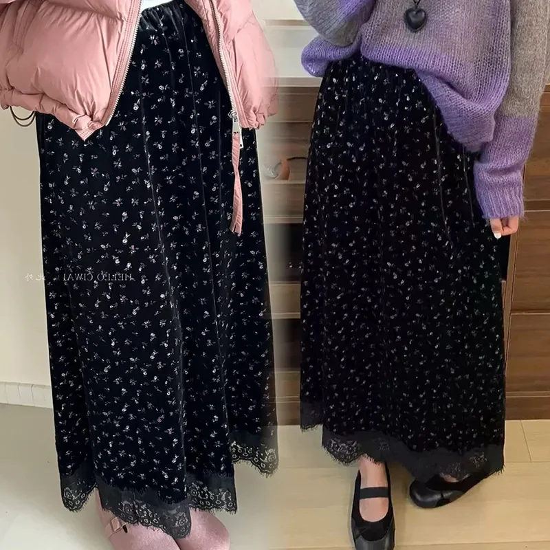 Maternity Velvet Mini Skirt Floral Print No Belly Support Autumn Winter Half-length Slimming Umbrella Style Versatile Korean Ver