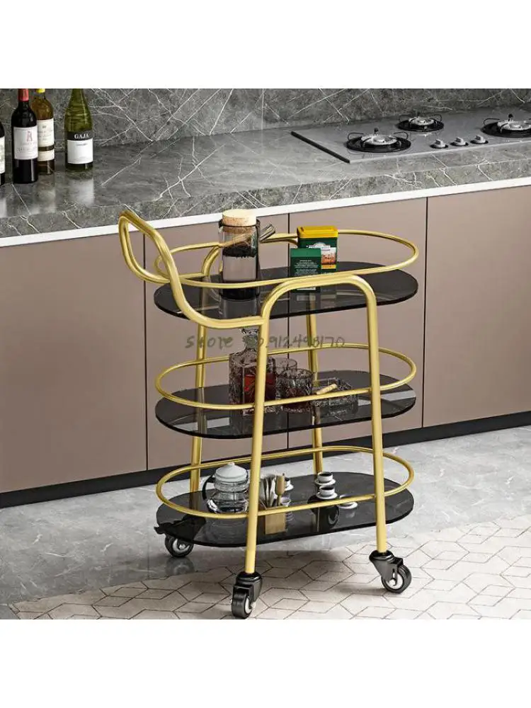 Mobile dining car Nordic hotel commercial restaurant wine tea car home golden three-layer glass light luxury trolley