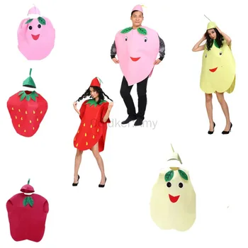 Costume da frutta per adulti unisex Halloween pera pesca mela fragola costume set con cappello per spettacoli teatrali in maschera