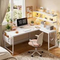 Reversible L Shaped Desk Computer Desk with LED Light & Power Outlet Gaming Desk with Shelf & Storage Bag & Hook for Home Office 3