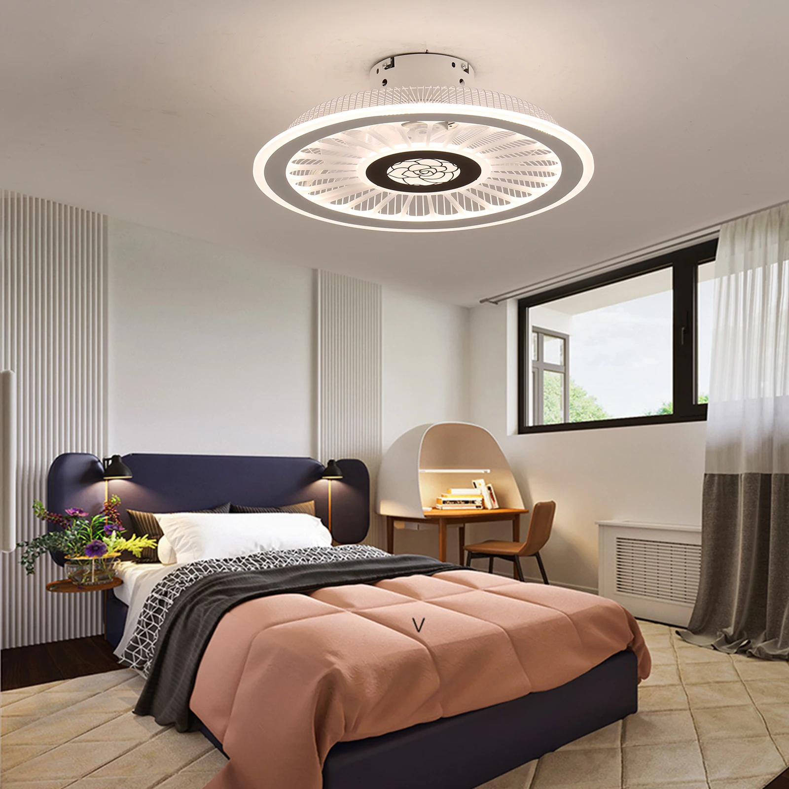 Semi Flush Mount Chandelier Fan Dimmable Ceiling Fan with LED Light 18" Remote Control 3 Colors 3 Speeds with Hidden Blades