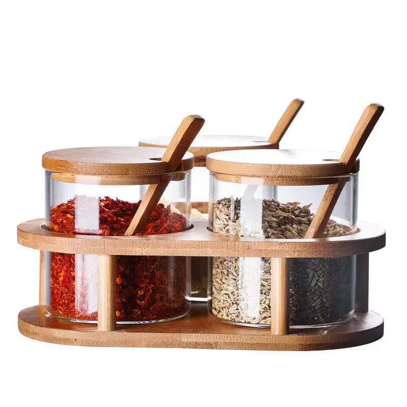 Glass Seasoning Jar Salt Shaker 3 Piece Set with Bamboo Spoon Cover Kitchen Supplies Wooden Tray