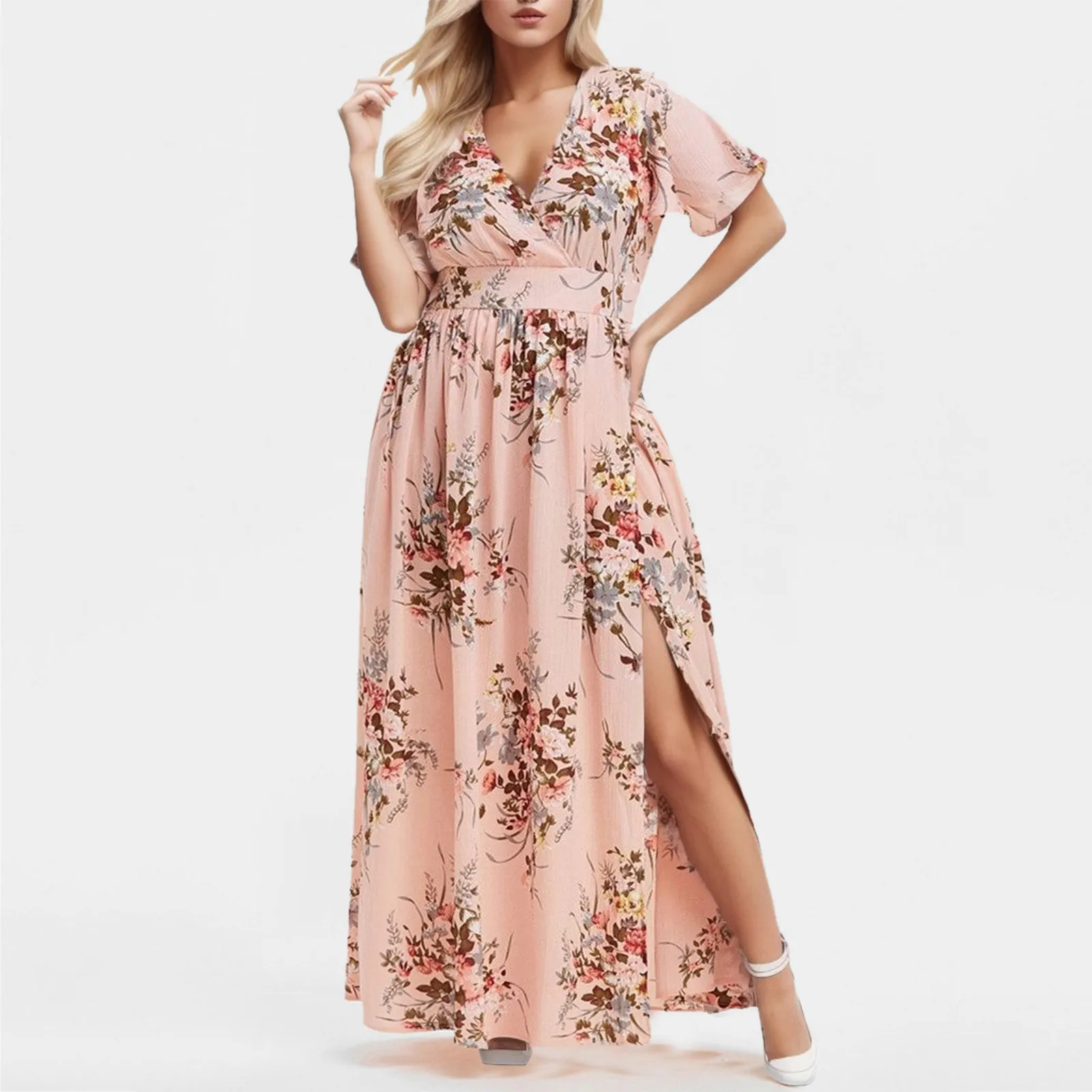 

Women's Plus Size Boho Dress Sexy High Split V-Neck Dress Short Sleeve Print Floral Women Party Dress Beachwear Women's Dress