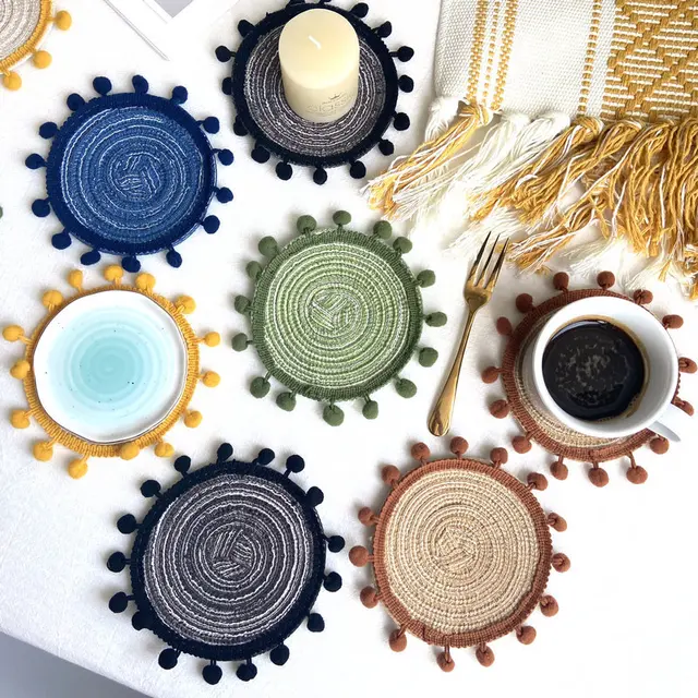 Tovagliette rotonde in filato di cotone finto Tovagliette in tessuto semi-fatto stile Ins Tovaglietta isolata per tavolo da pranzo Tazza Tappetino decorativo per vaso per la casa 1