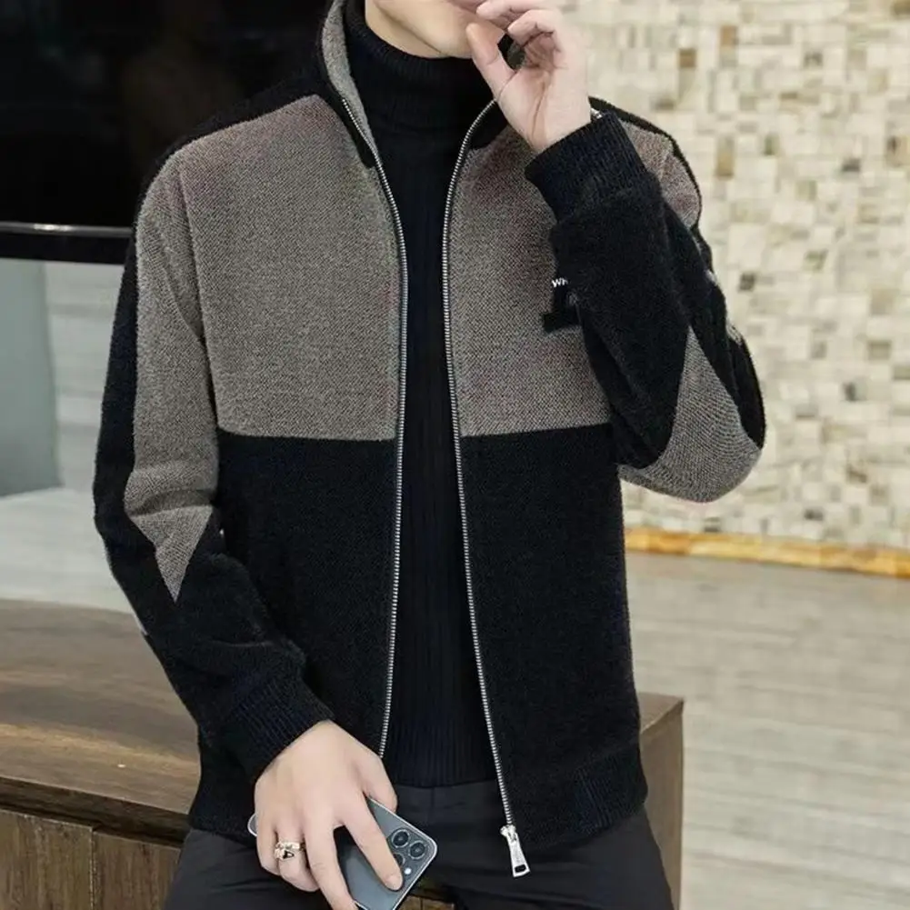 

Men Plush Jacket Thick Warm Men's Winter Coat with Stand Collar Soft Zipper Closure Stylish Cardigan Jacket for Fall Winter Men